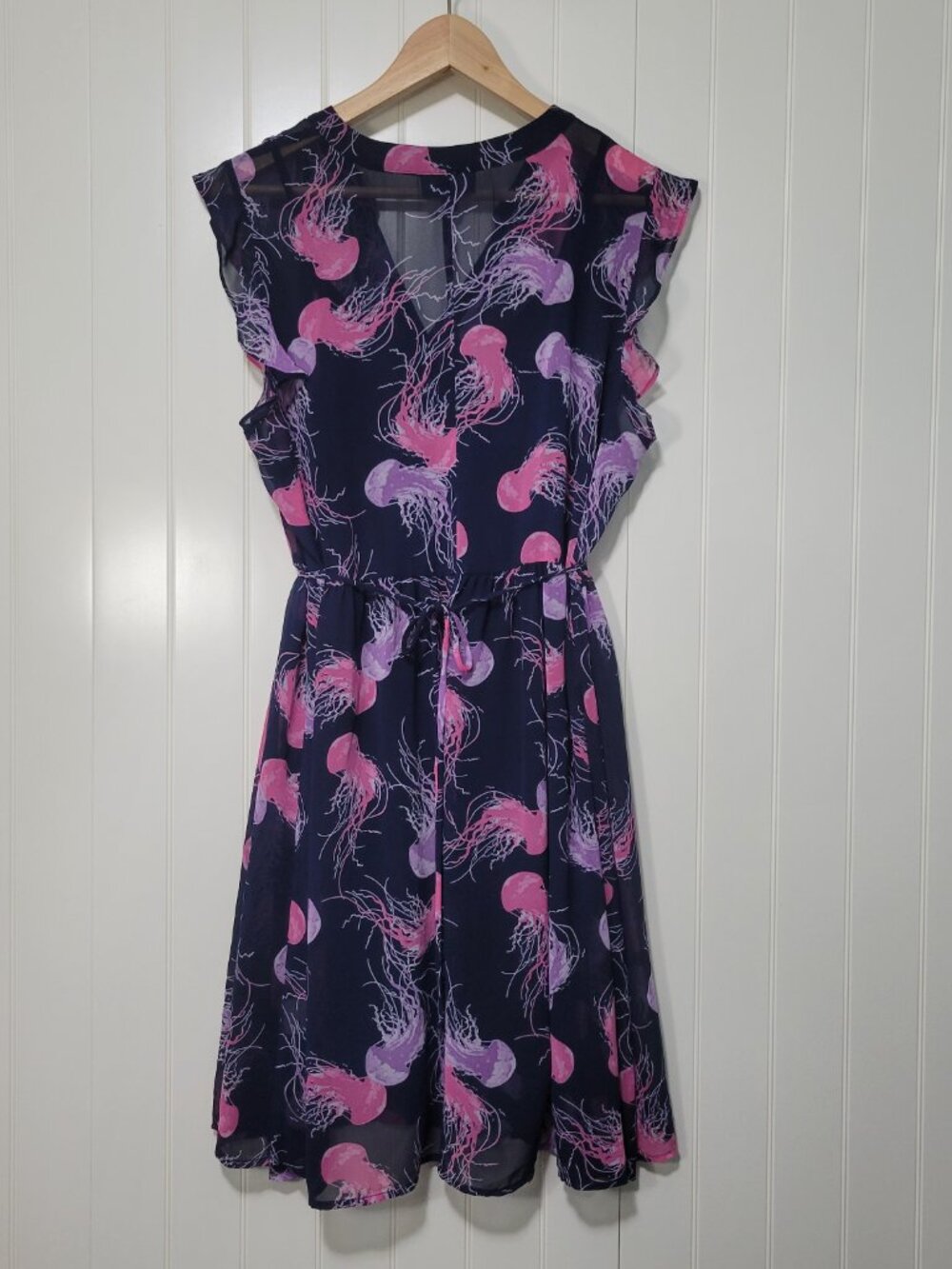 ModCloth 50s 60s Retro Whimsical Navy Jellyfish Ocean Sea Print Chiffon Dress XL - Picture 5 of 14